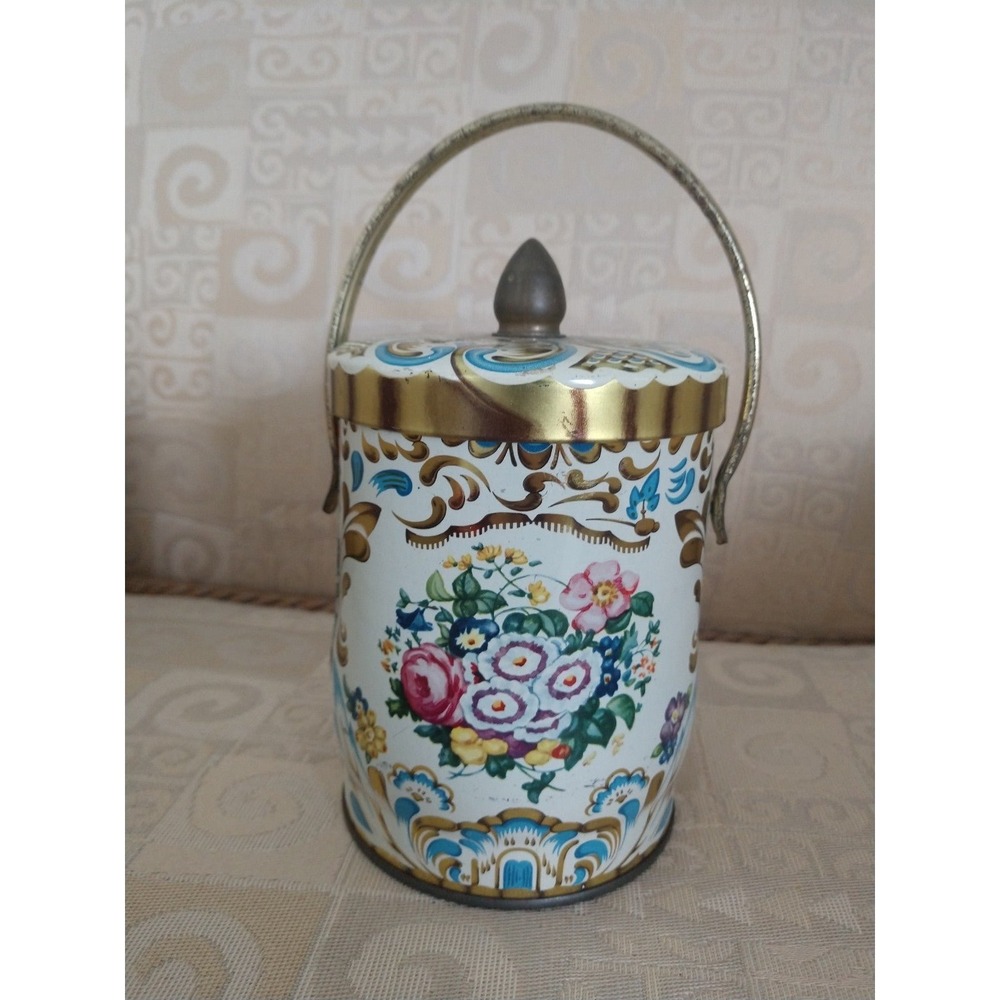 Vintage Candy Tin Regal Crown Murray Allen with Handle Floral 6" Tall